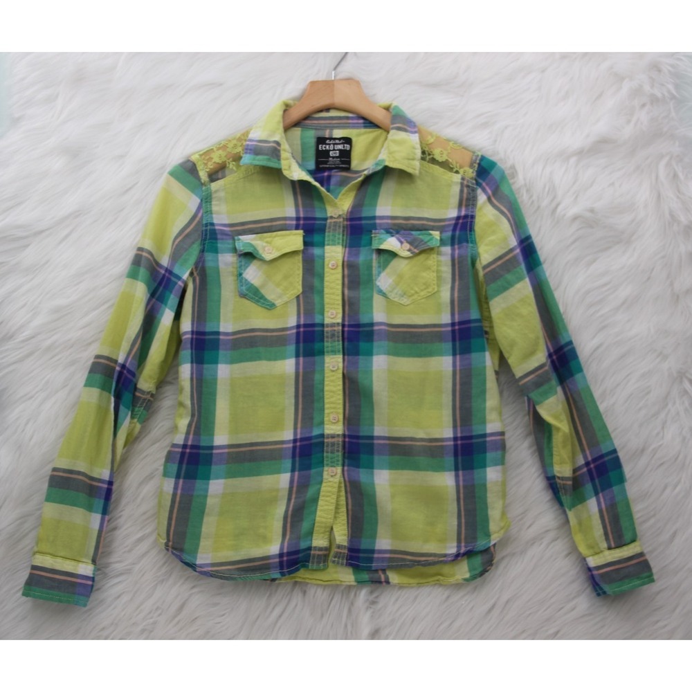 Ecko Red Unltd Shirt Women M Plaid Cotton Button Up Lace Y2K 2000s Streetwear